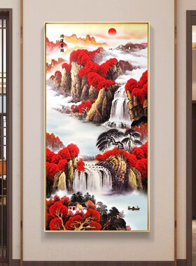 新中式玄关装饰画 高清山水壁画客厅挂画 拉丝金框装饰画 过道走