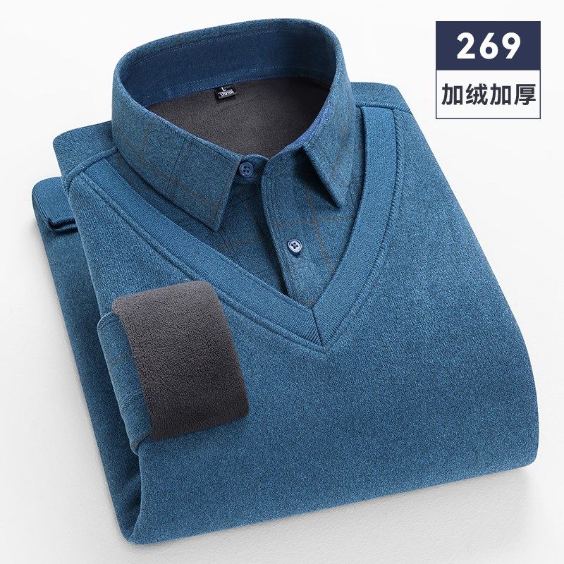 冬季保暖内衣男士长袖衬衫领加绒加厚针织衫假两件套头毛衣打底衫,淘宝优惠券,粉丝福利购,淘宝优惠卷