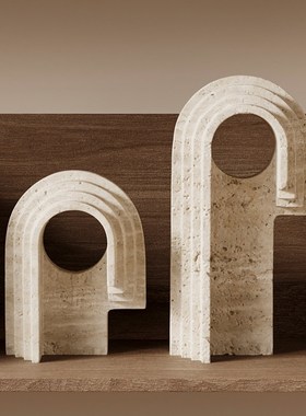 侘寂风黄洞石客厅电视柜壁龛摆件酒店民宿样板间艺术几何软装饰品