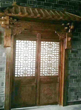 定做仿古屋檐中式飞檐东阳木雕装饰假门头翘脚彩绘实木古建筑门楼
