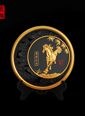 金乌炭雕富贵驹老板办公室桌面摆件商务送礼工艺品书房博古架装饰