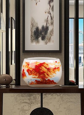 景德镇陶瓷器摆件鸿运当头聚宝盆储物送礼办公桌客厅养鱼缸装饰品