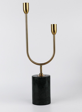 大理石金属形金色烛台摆件欧式两头弯曲蜡烛烛台餐厅客厅烛台