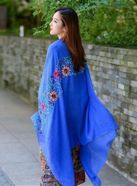 棉麻刺绣花围f巾民族风大披肩围巾两用女丽江旅行空调防晒春夏秋