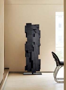 侘寂风落地木雕大摆件酒店茶室玄关软装艺术装置样板X间雕塑装饰