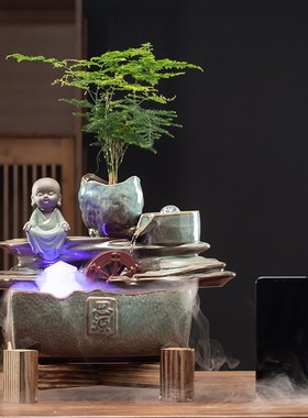 禅意创意陶瓷摆件办公室流水喷泉中E式风水轮式家居鱼缸加湿器景