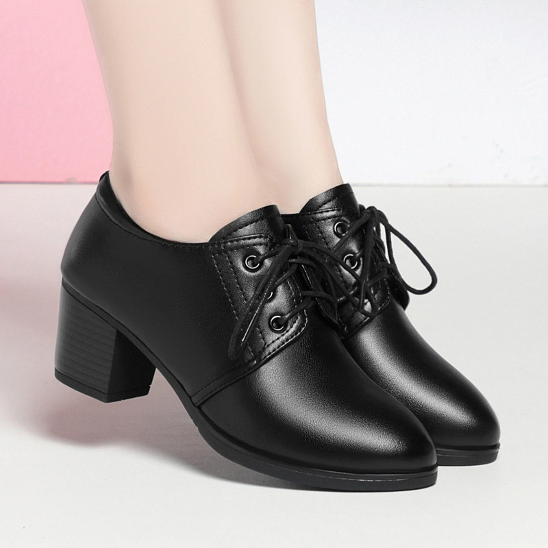 真皮单鞋女2024年春季新款中跟粗跟皮鞋休闲大码系带深口妈妈鞋子,淘宝优惠券,粉丝福利购,淘宝优惠卷