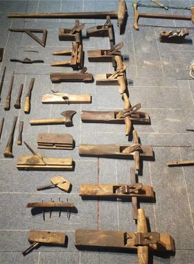 70年代老物件老木匠传统老式木工工具套装鲁班手工刨墨斗装饰摆件