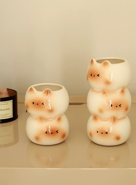 可爱暹罗猫陶瓷花瓶客厅插花装饰品高颜值家居摆件化妆笔收纳筒