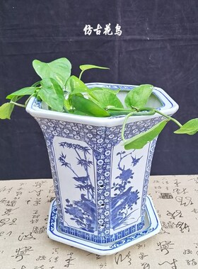 陶瓷花盆仿古大口径室内阳台家用落地公司绿植六角盆君子兰透气