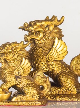 纯黄铜麒麟摆件一对大号黄铜踩八卦麒麟客厅酒柜招财麒麟财富瑞兽