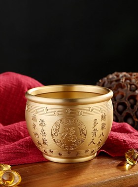 黄铜百福米缸摆件浮雕招财进宝开业乔迁礼品对联缸家居客厅装饰品