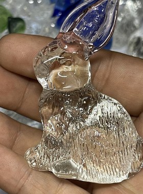 淄博琉璃可爱小兔子茶宠摆件粉色耳朵兔子水晶生肖博山家居工艺品