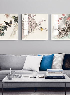 三联装饰画 客厅沙发背景墙壁画国风花鸟民宿艺术小众 新中式挂画