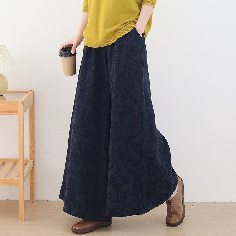 新款2023秋季文艺复古提花加厚棉麻款纯色女式阔腿裤百搭长裤子,淘宝优惠券,粉丝福利购,淘宝优惠卷