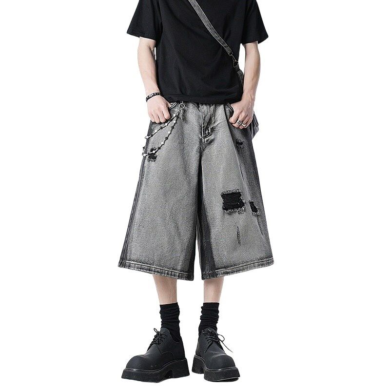 水洗扎染破洞牛仔短裤男夏季宽松阔腿七分裤直筒休闲中裤高街裤子,淘宝优惠券,粉丝福利购,淘宝优惠卷