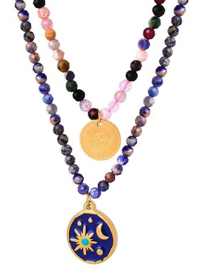 法式轻奢个性蓝灵灰天然石手工串珠设计星空彩釉设计感吊坠项链女