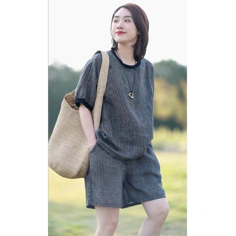 覆古亚麻格纹短袖T恤时尚套装女夏季薄款休闲 圆领上衣短裤两,淘宝优惠券,粉丝福利购,淘宝优惠卷