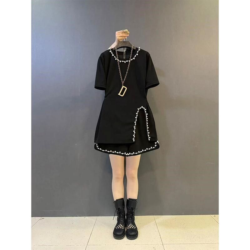 大码女装2025夏季款胖mm休闲时尚显瘦重工钉珠短袖上衣短裤两件套,淘宝优惠券,粉丝福利购,淘宝优惠卷