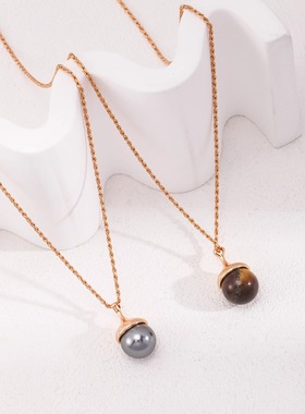 纯银虎眼石 灰贝珠项链 松果形项链