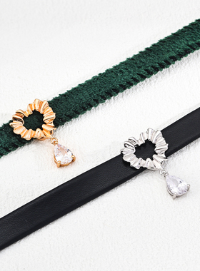 S925银简约绿丝绒带 黑pu皮锆石项链