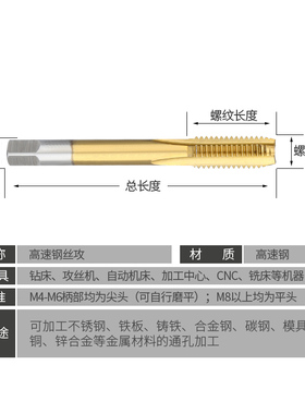 手用镀钛不锈钢专用丝锥螺旋盲孔丝攻机用攻丝攻牙钻头m3m4m6m10