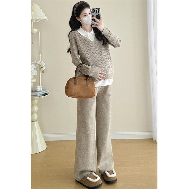 孕妇套装秋冬2024新款时尚洋气百搭加厚翻领针织衫上衣裤子两件套,淘宝优惠券,粉丝福利购,淘宝优惠卷