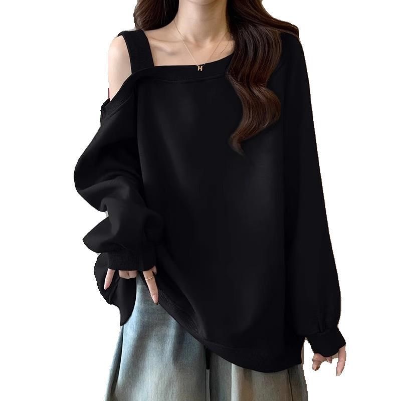 美式复古黑色斜肩卫衣女春秋新款大码洋气宽松慵懒风露肩长袖上衣,淘宝优惠券,粉丝福利购,淘宝优惠卷