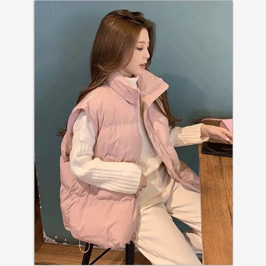 粉色羽绒棉马甲女2025新款冬季外穿宽松背心马夹外搭坎肩外套女款 - 图0