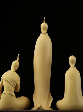 黄杨木雕北魏三圣佛禅意摆件新中式实木质办公客厅玄关桌面摆饰品
