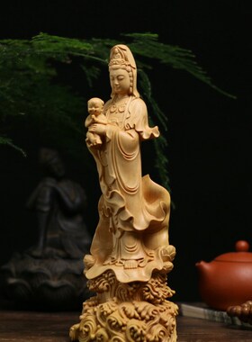 小叶黄杨木雕实木雕刻木质摆件新中式工艺品供奉菩萨佛像送子观音
