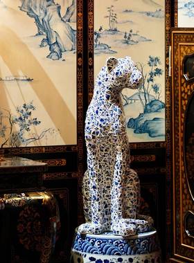 【本尼家】BJ06马赛克青花瓷手工贴片家居装饰品玄关摆件豹子