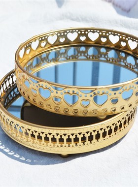 北欧轻奢风复古镜面托盘金色托盘卧室桌面首饰盘化妆品摆件收纳盘