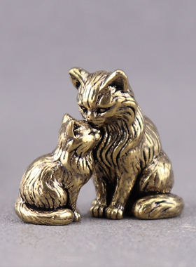 跨境热销复古黄铜母子猫摆件亲子猫咪双猫相依茶宠桌面文玩工艺品