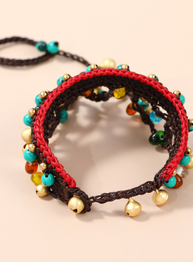 2021新款复古民族风手链戒指一体铃铛手链跳舞时尚夸张个性饰品女