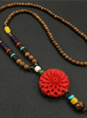 复古民族风长款木珠项链女创意百搭装饰毛衣链配饰朱砂松果吊坠男