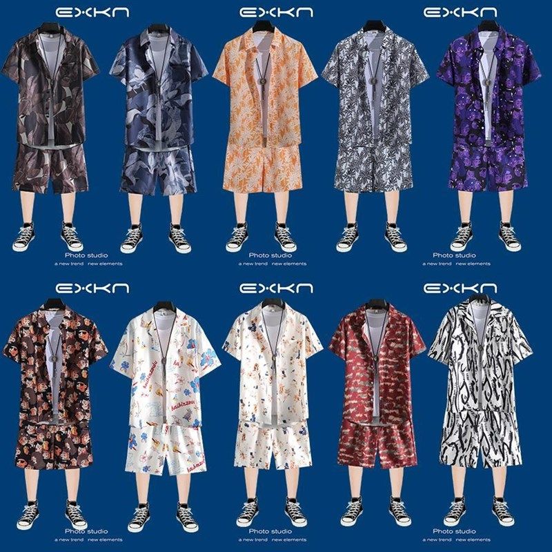 复古短袖衬衫套装男夏季薄款宽松大码花衬衣海边度假旅游沙滩短裤,淘宝优惠券,粉丝福利购,淘宝优惠卷