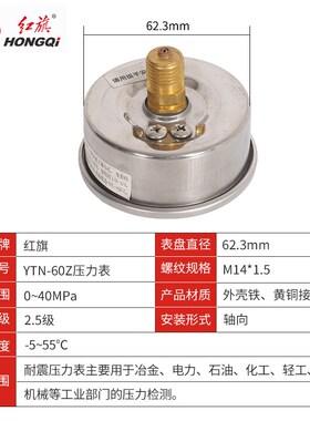 厂家直销红旗仪表耐震抗震压力表YTN-60Z充油压力表英制螺有现货