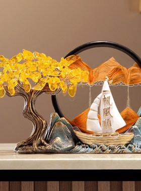 新中式一帆风顺发财树流沙画摆件办公室书房玄关客厅电视柜装饰品