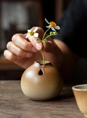 碌心 柴棕釉迷你小缸插花器 水培植物花瓶铜钱草绿萝容器客厅花插