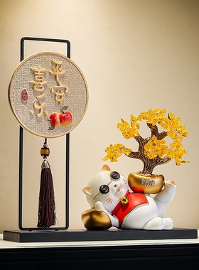 新中式招财猫发财树屏风摆件客厅玄关电视柜办公室装饰品开业礼物