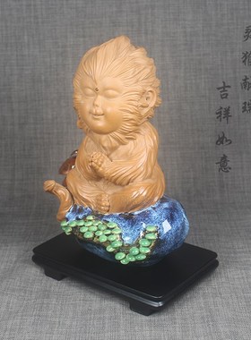 新品石湾公仔陶瓷摆件灵猴献瑞禅意招财旺宅假山鱼缸盆景造景装饰