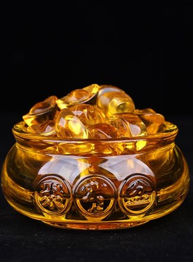 黄水晶聚宝盆摆件琉璃元宝金黄色招财家居桌面摆设乔迁礼品开业