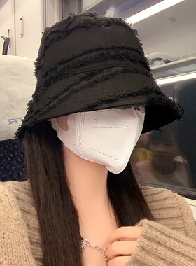 黑色渔夫帽女日系毛边显脸小水桶帽韩版网红大头围盆帽素颜百搭潮