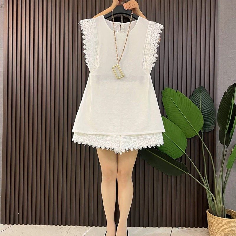 夏季新款拼接花边坎袖上衣短裤套装大尺码女装胖妹妹气质显瘦两件,淘宝优惠券,粉丝福利购,淘宝优惠卷