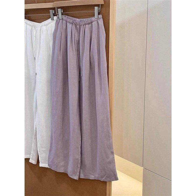 紫色松弛感宽松棉麻休闲裤子女夏季薄款抽绳慵懒风垂感直筒阔腿裤,淘宝优惠券,粉丝福利购,淘宝优惠卷