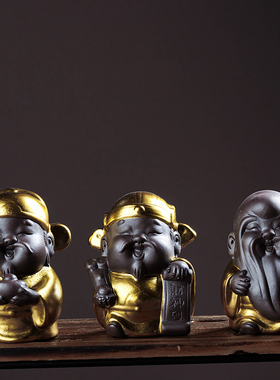 创意陶瓷黑陶福禄寿茶宠花宠车载摆件创意福牛茶道配件桌面装饰品