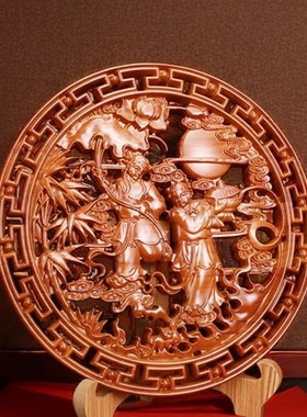 和合2圣桃木摆件家居客厅和合二圣家用卧室木雕婚房挂件结婚摆设