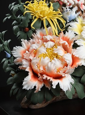 东方泥土 德化白瓷雕塑艺术品传统瓷花工艺客厅装饰摆件/国色天香