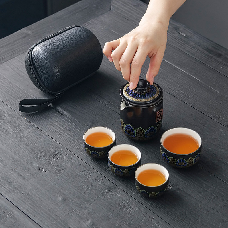 Travel tea set, one pot and four cups outdoors, home camping equipment, ceramic kung fu teapot carrying bag